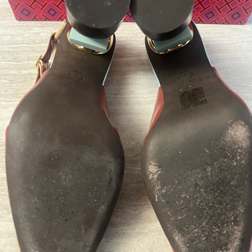 Tory Burch Leather & Suede Marquetry Peep-toe sandal - Red, Mint & Tan Heels - Picture 2 of 7